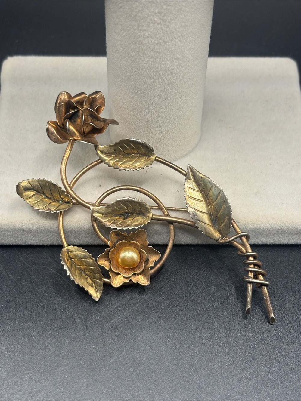 Vintage 1940s Sterling Silver Floral Rose Brooch Pearl 3.25” Retro Jewelry